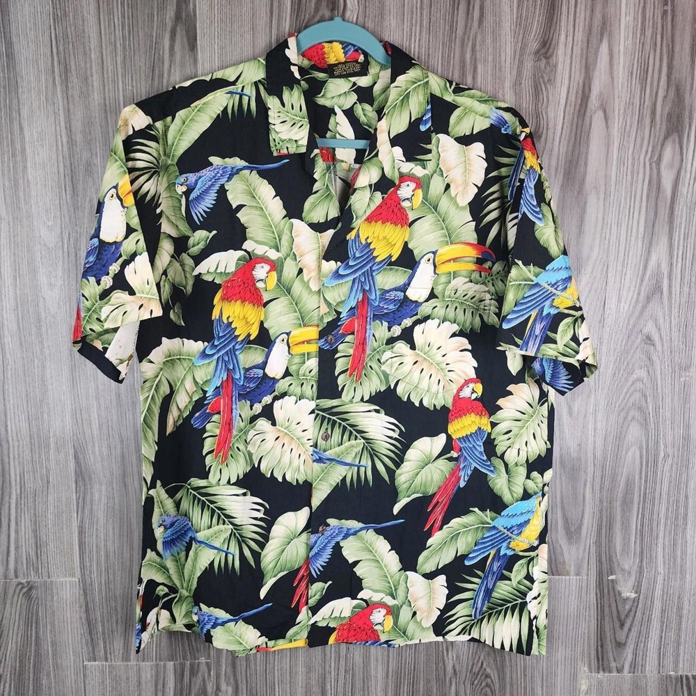 Royal Creations Mens XL Hawaiian Shirt Black Tropical Bird Parrot Toucan Print